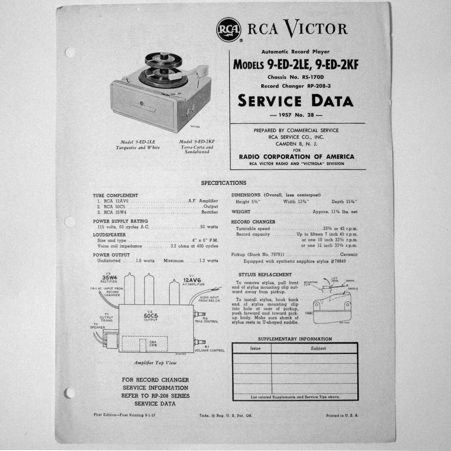 RCA ® Models 9-ED-2LE 9-ED-2KF Phono © 1957 Service Sheet