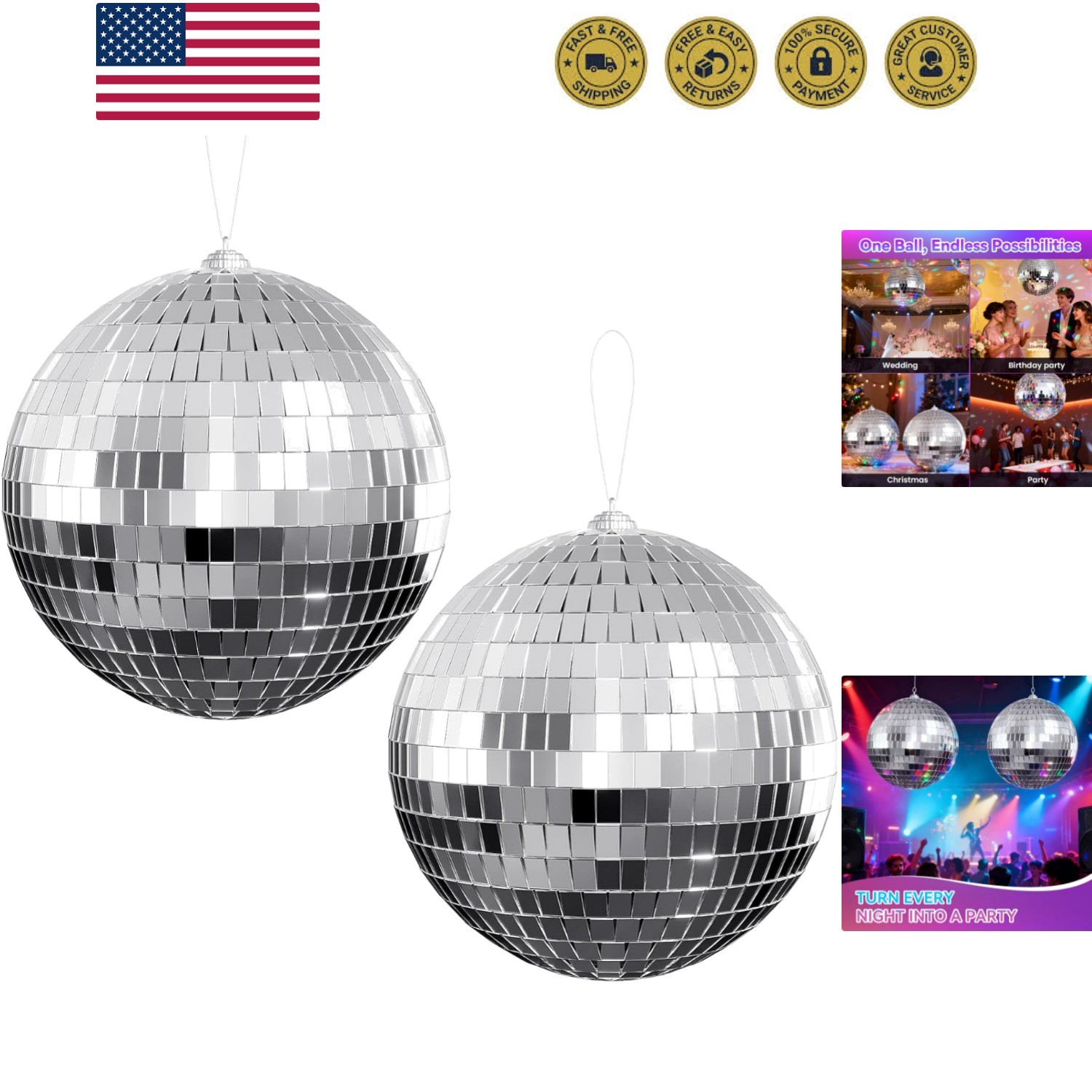 Disco Ball 4" Inch 2-Pack,Silver Hanging Ball with Attached String for Ring,R...