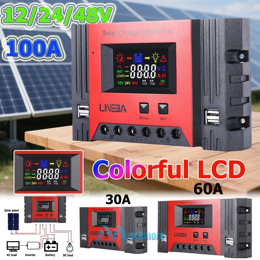100A Solar Charge Controller 12V/24V/48V PWM Battery Auto Regulator Upgraded LCD