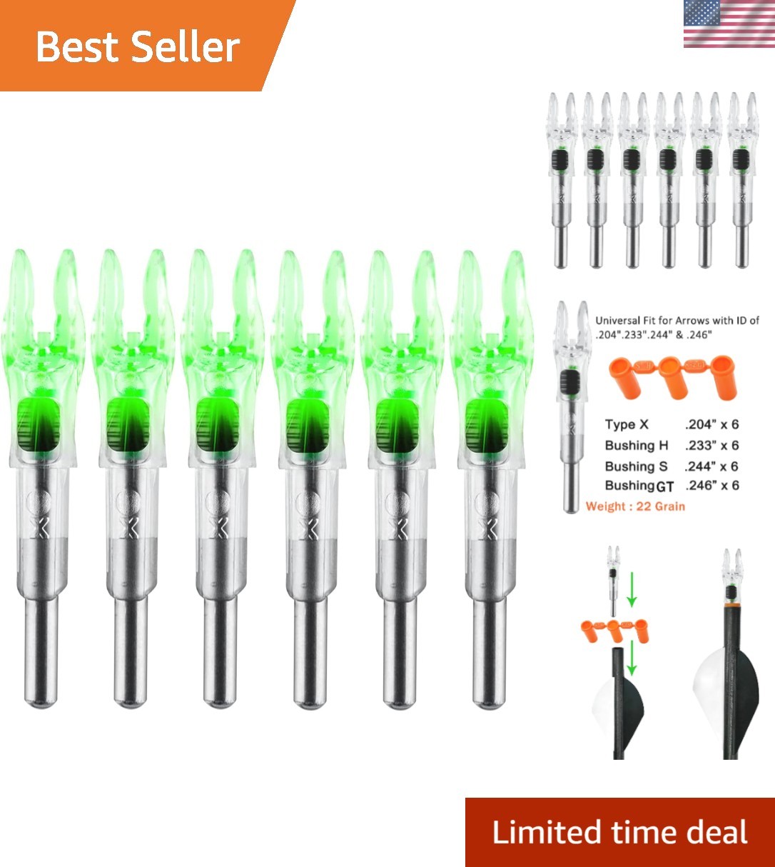 LED Arrow Nocks (6X) with H, S, GT Bushings - Best for Low-Light Archery