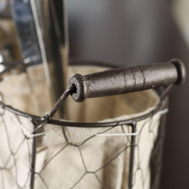 13" Decorative Brown Chicken Wire and Linen Storage Basket