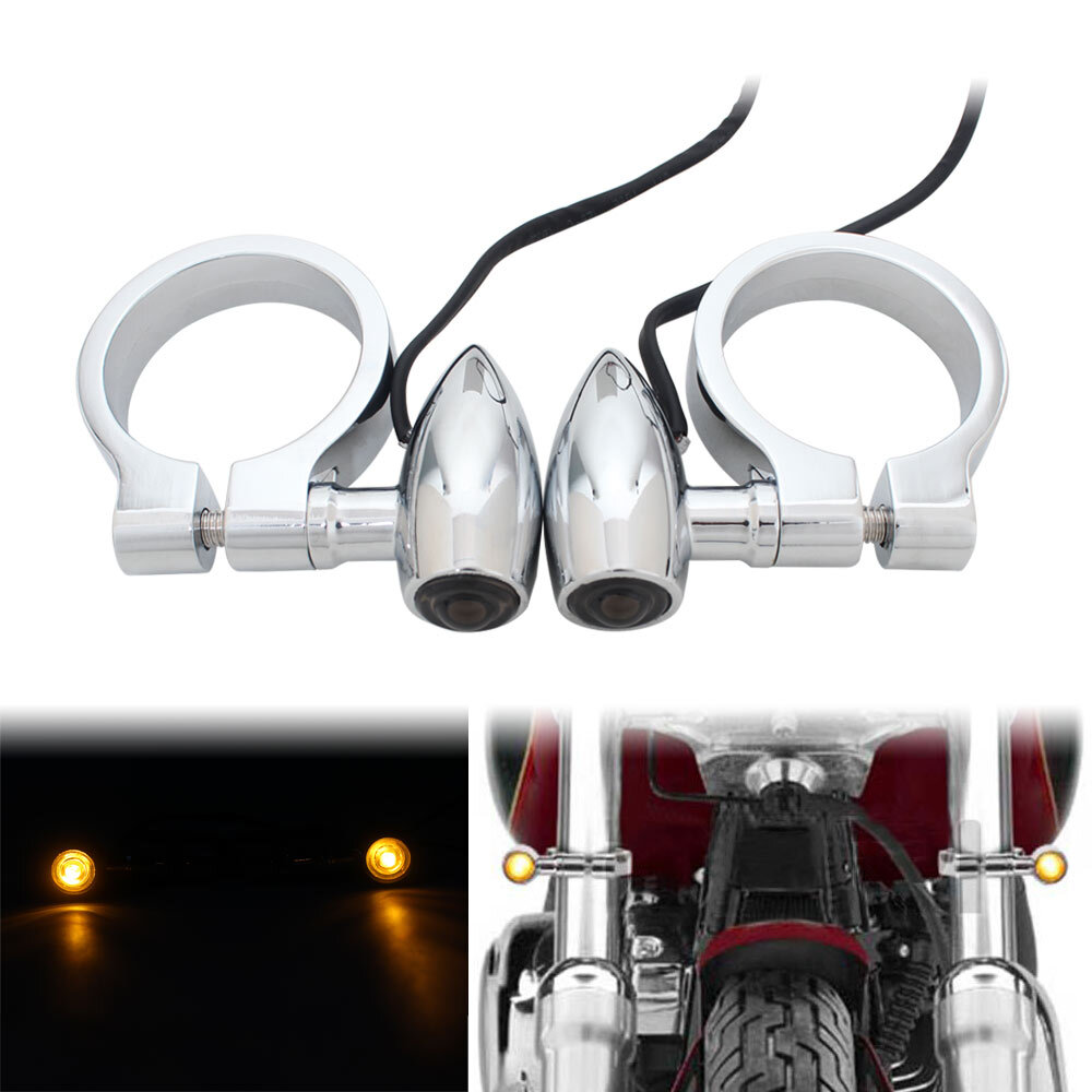 2pcs Chrome LED Turn Signal Light w/41mm Fork Tube Clamp For Harley Dyna Touring