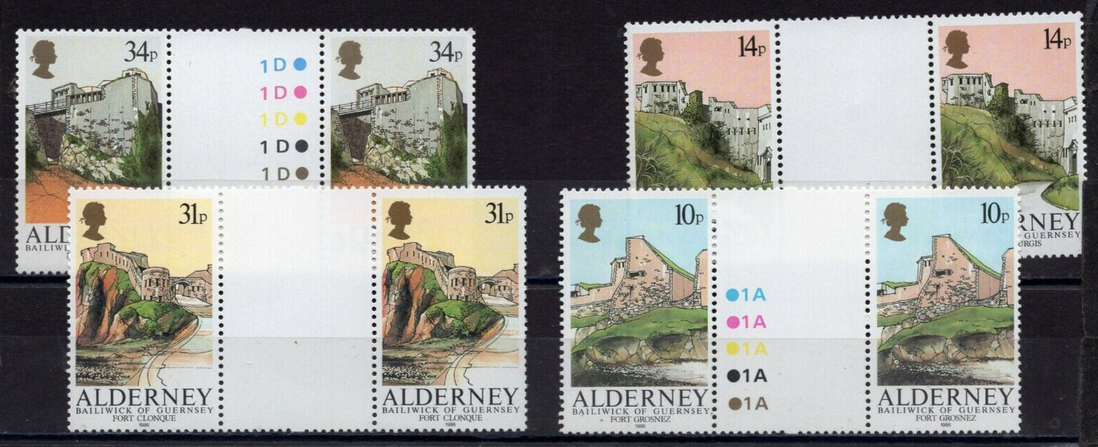 GUERNSEY/ALDERNEY 1986 COMPLETE YEAR SET OF 4 GUTTER PAIRS MNH