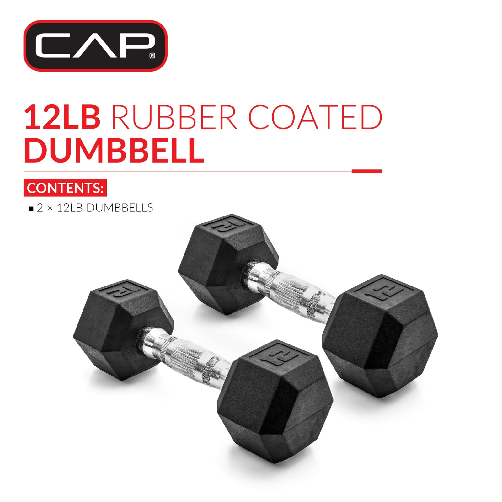 CAP Barbell, 12lb Coated Rubber Hex Dumbbell, Pair (No-Roll Design