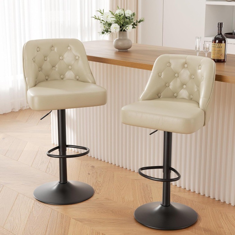 2 Set Adjustable Counter Height Faux Leather Upholstered Bar Stool with Back