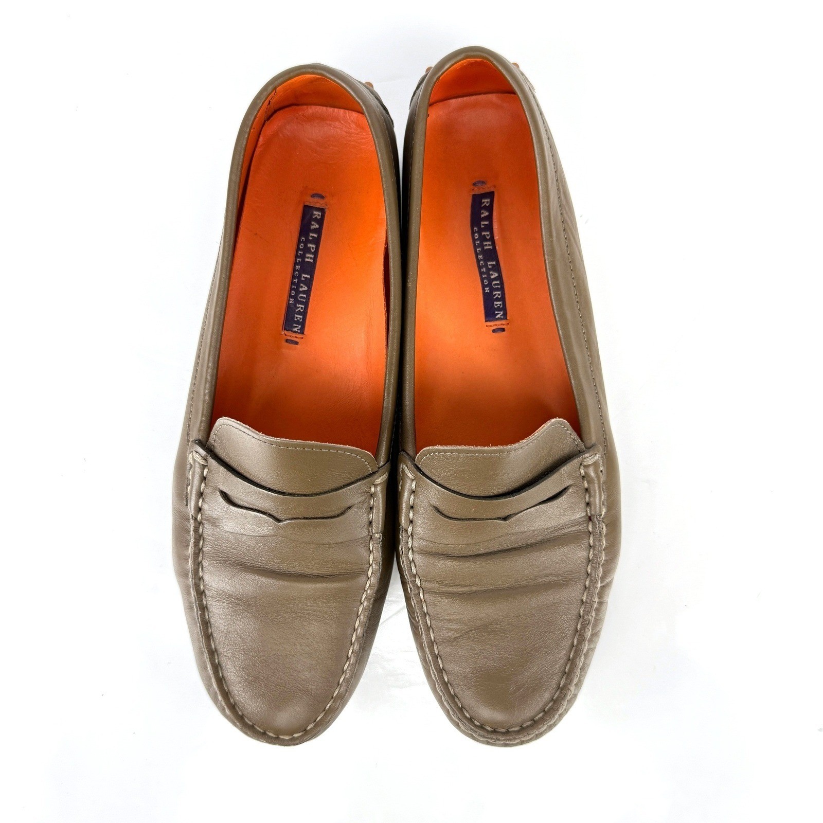 RALPH LAUREN Purple Label Brown Olive Green Leather Driving Loafers 39.5