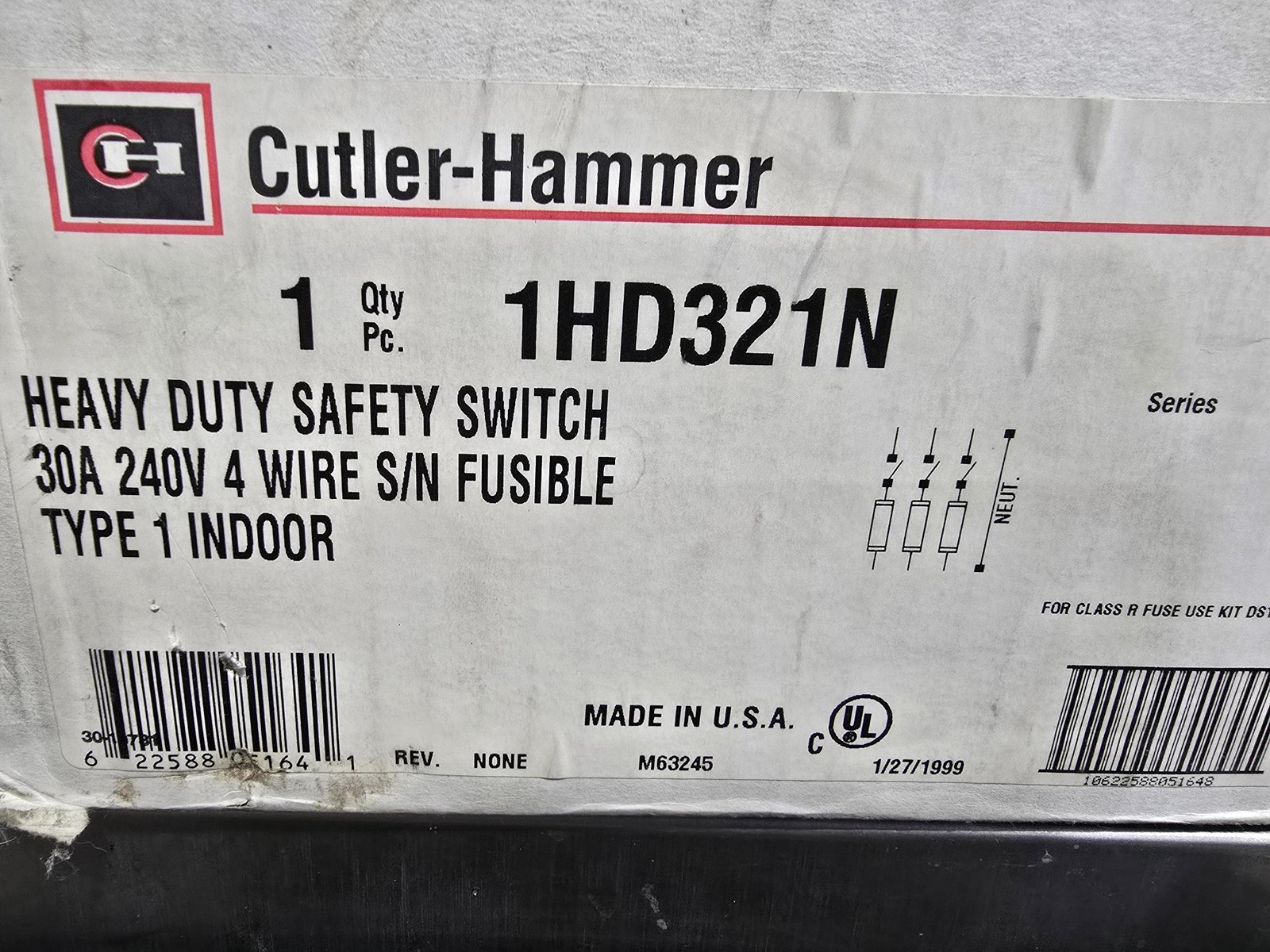 Cutler Hammer 1HD321N Heavy Duty Fusible Safety Switch 30 Amp 240 V
