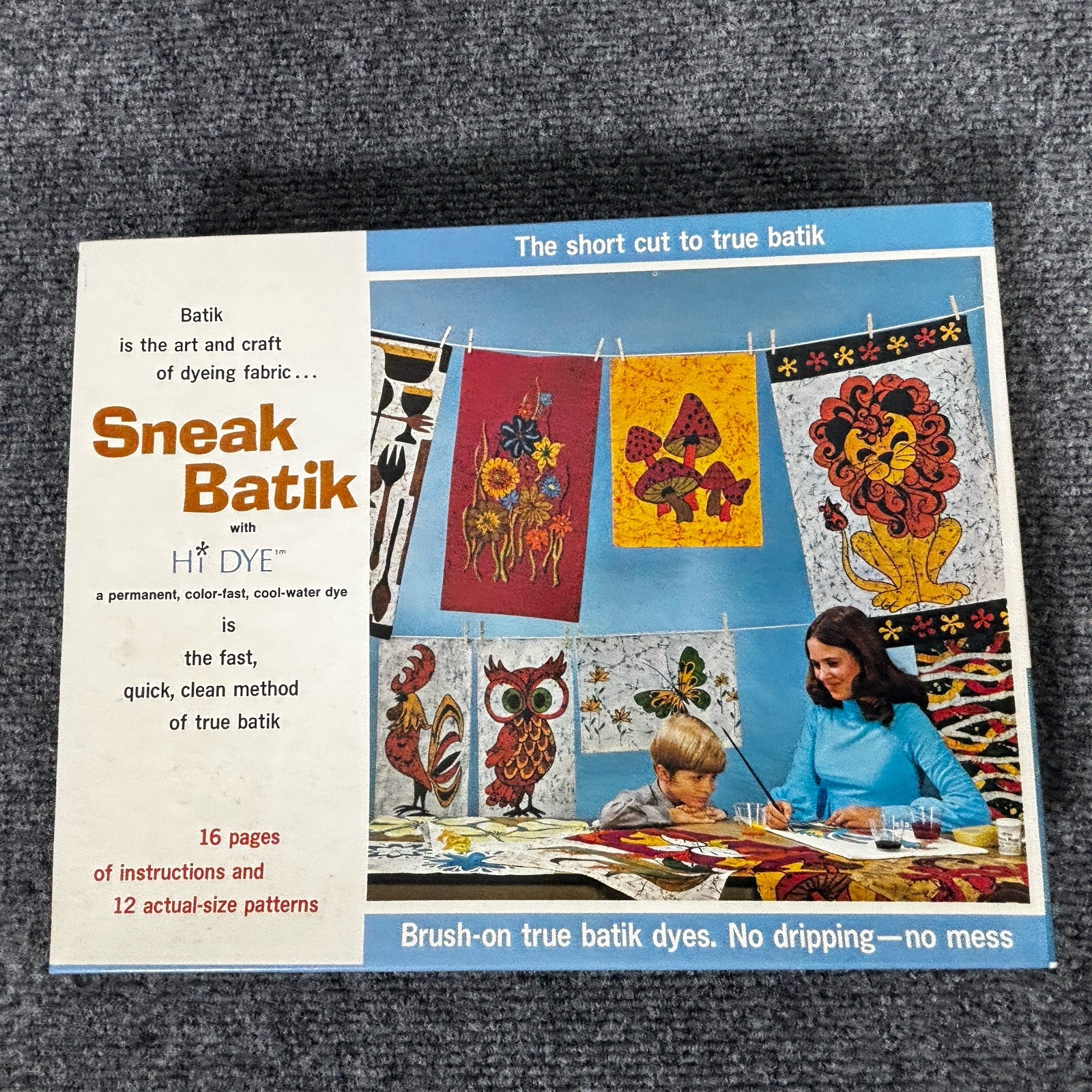 Vintage NOS Sneak Batik Hi Dye Kit 12 Patterns Mushrooms Owl Lion Butterfly
