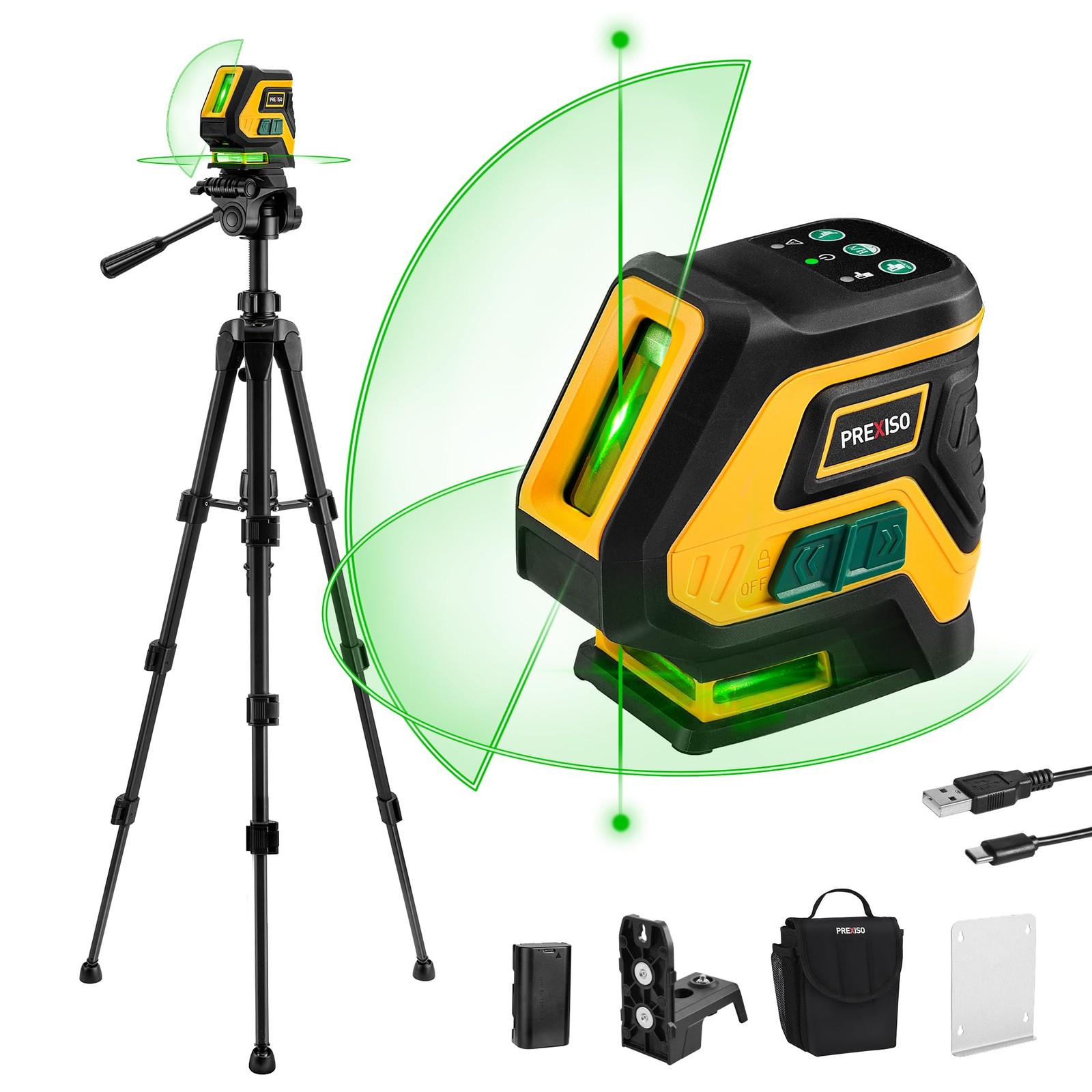 Prexiso P2LC15DG Laser Level with Tripod 2 Plumb Dots 100 Ft Rechargeable