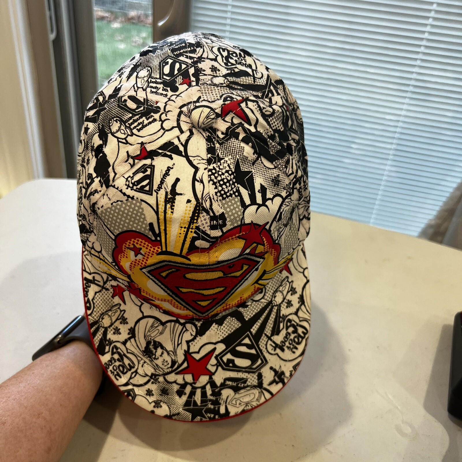 Superman Logo and Graphic Black on White w Red Yellow Hat Cap SnapBack EUC