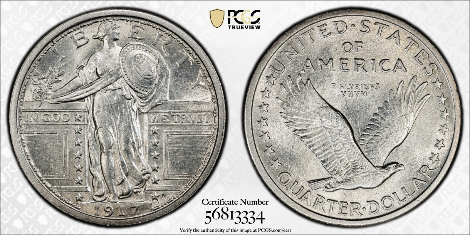 1917 TYPE 1 STANDING LIBERTY QUARTER PCGS MS 62 FULL HEAD ALL WHITE FROSTED