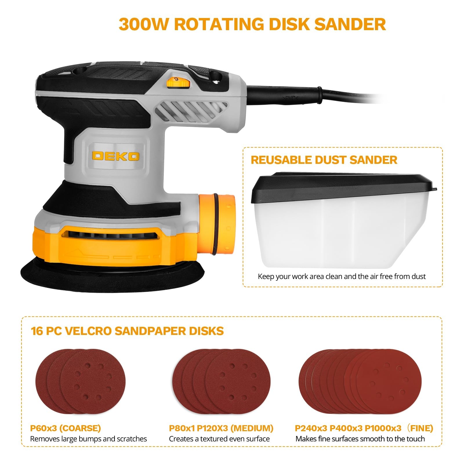 Orbital Sander Corded Hand Sander: 5" Random Orbital Sander with Dust Box, 6 ...