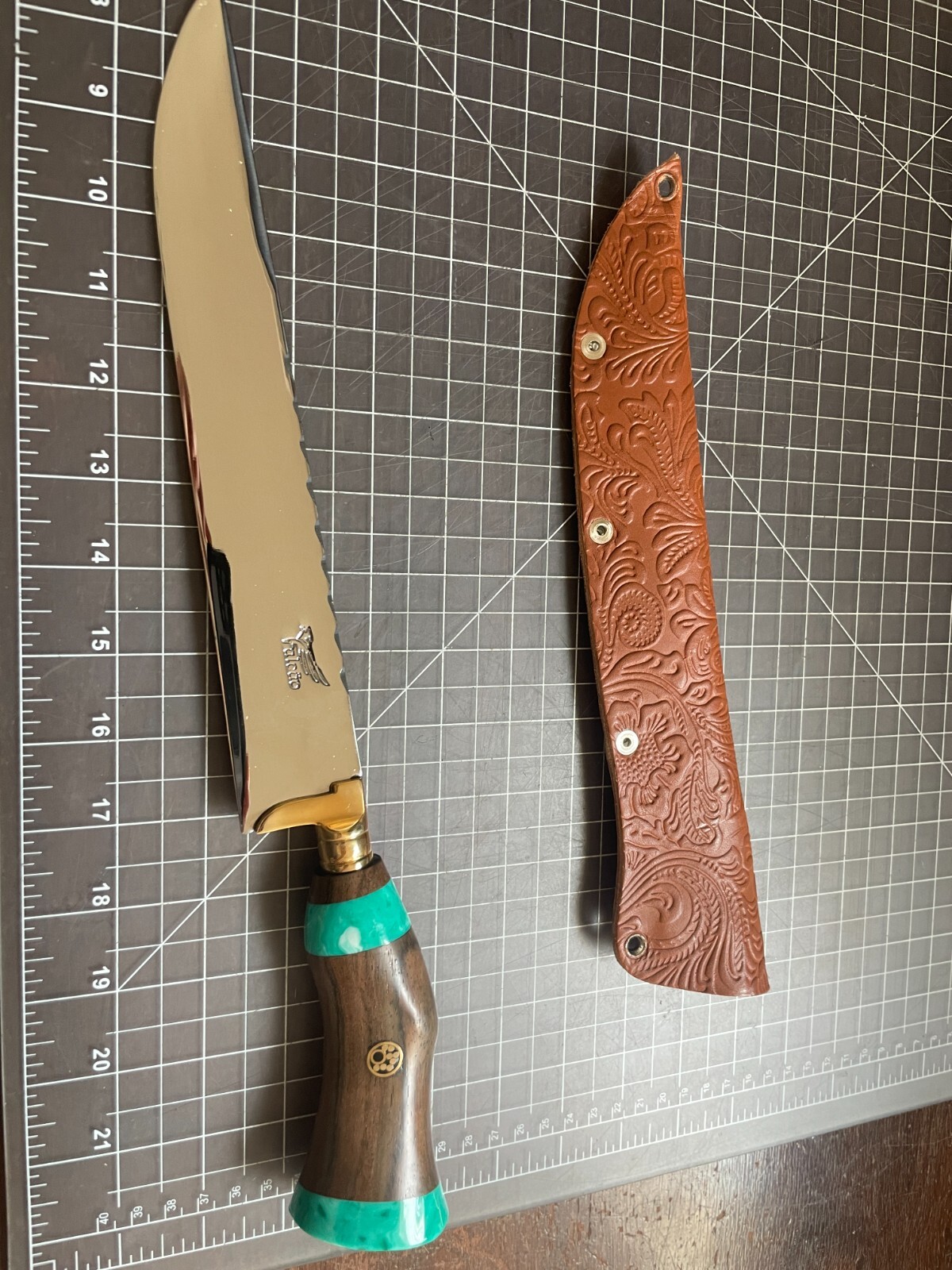 beautiful turquoise inlay Falcao Chefs Knife