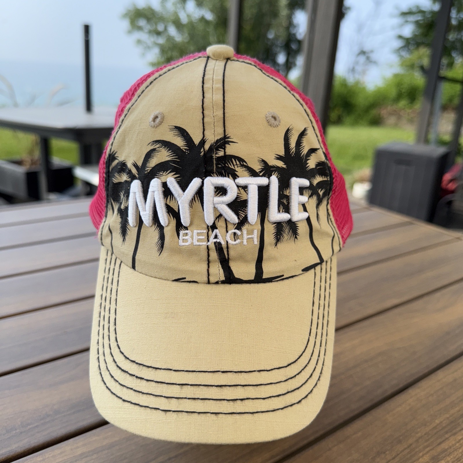 Myrtle Beach in Thick Letters on Tan black Front Hat Cap Pink Mesh Snapback