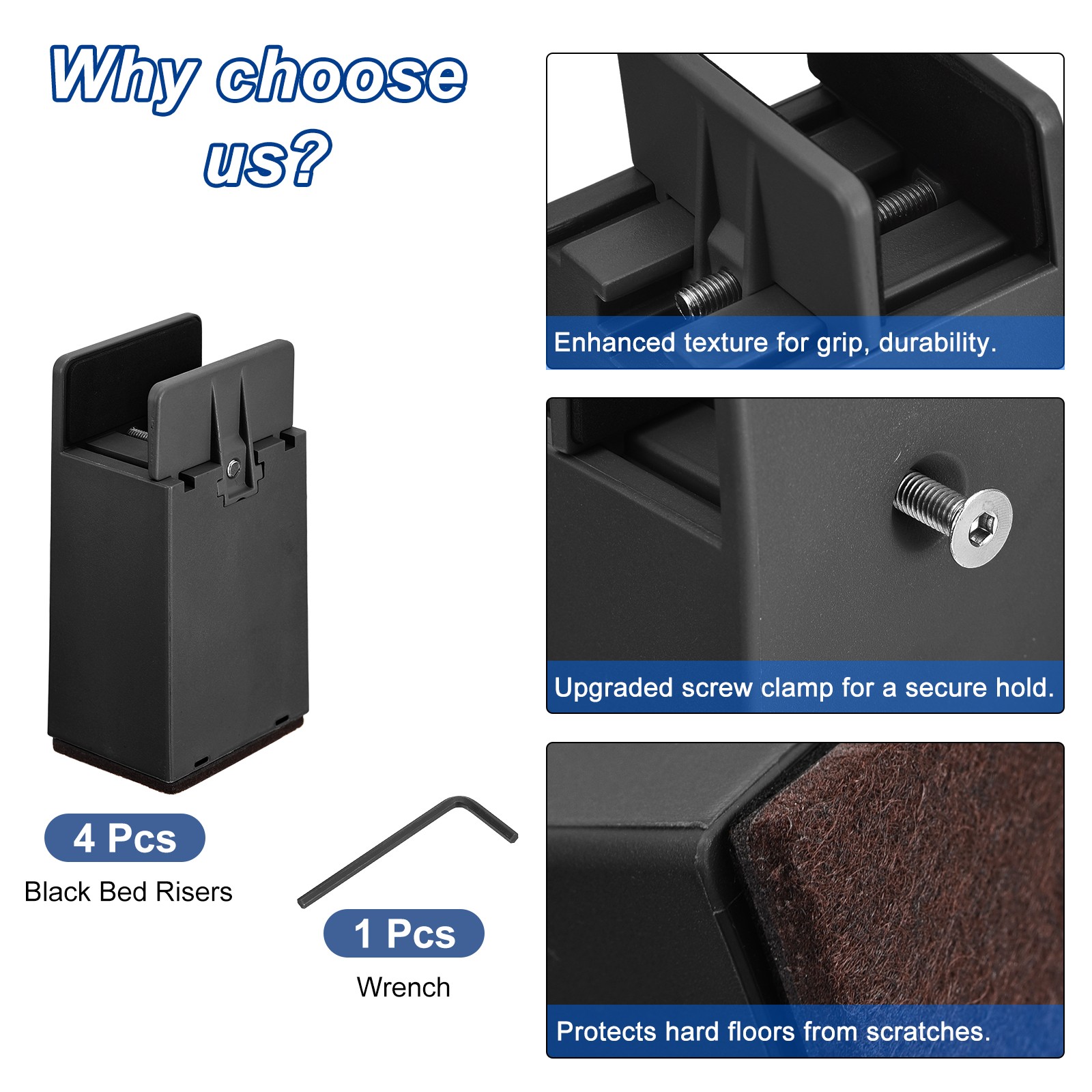4 Set 4" Bed Risers Furniture Risers for Furniture Thickness 0.39-1.45" Black