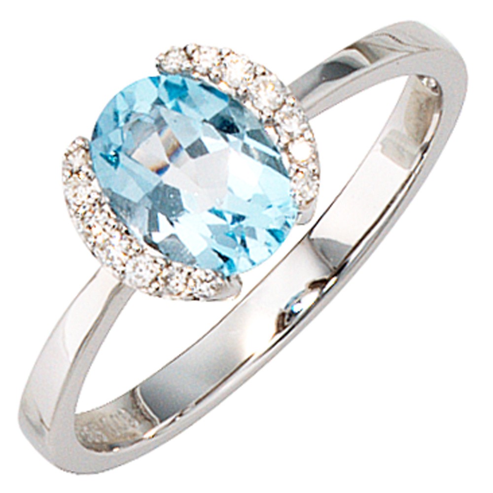 Jobo ladies' ring 585 gold White gold 1 blue topaz light blue 14 diamonds brilliant