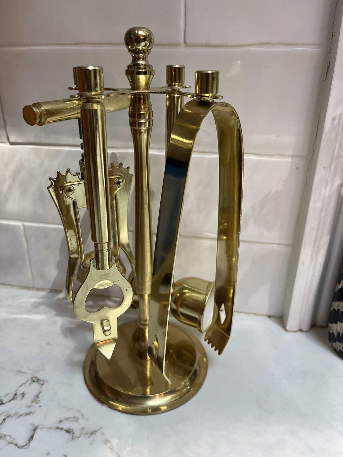 5 Piece Hanging Bar Utensils Gold Tone On Round Stand 9” Tall EUC