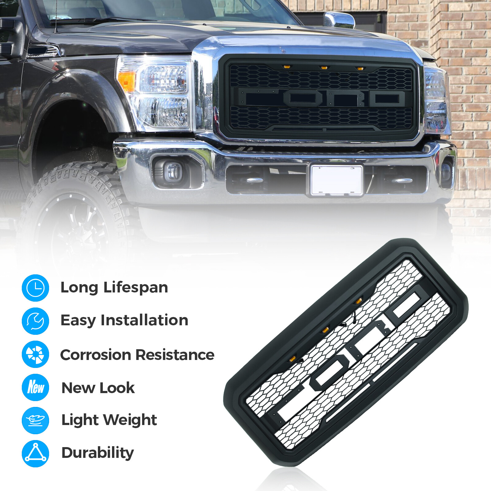 Front Grill for 2012-2016 FORD F250 W/Lights Black