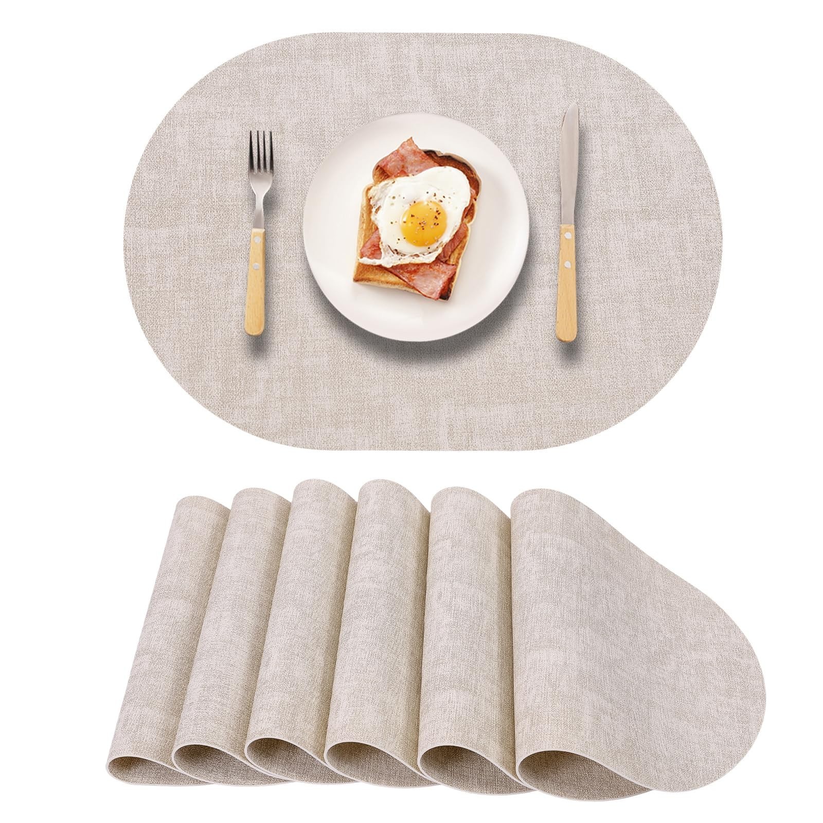 Table Placemats Set of 6 Oval,Beige Faux Leather Placemat Waterproof Reversib...