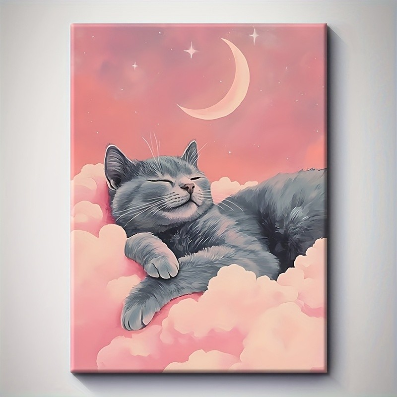 Pink Cloud Sleeping Cat Moon Star Art Framed Canvas Prints For Bedroom Decor