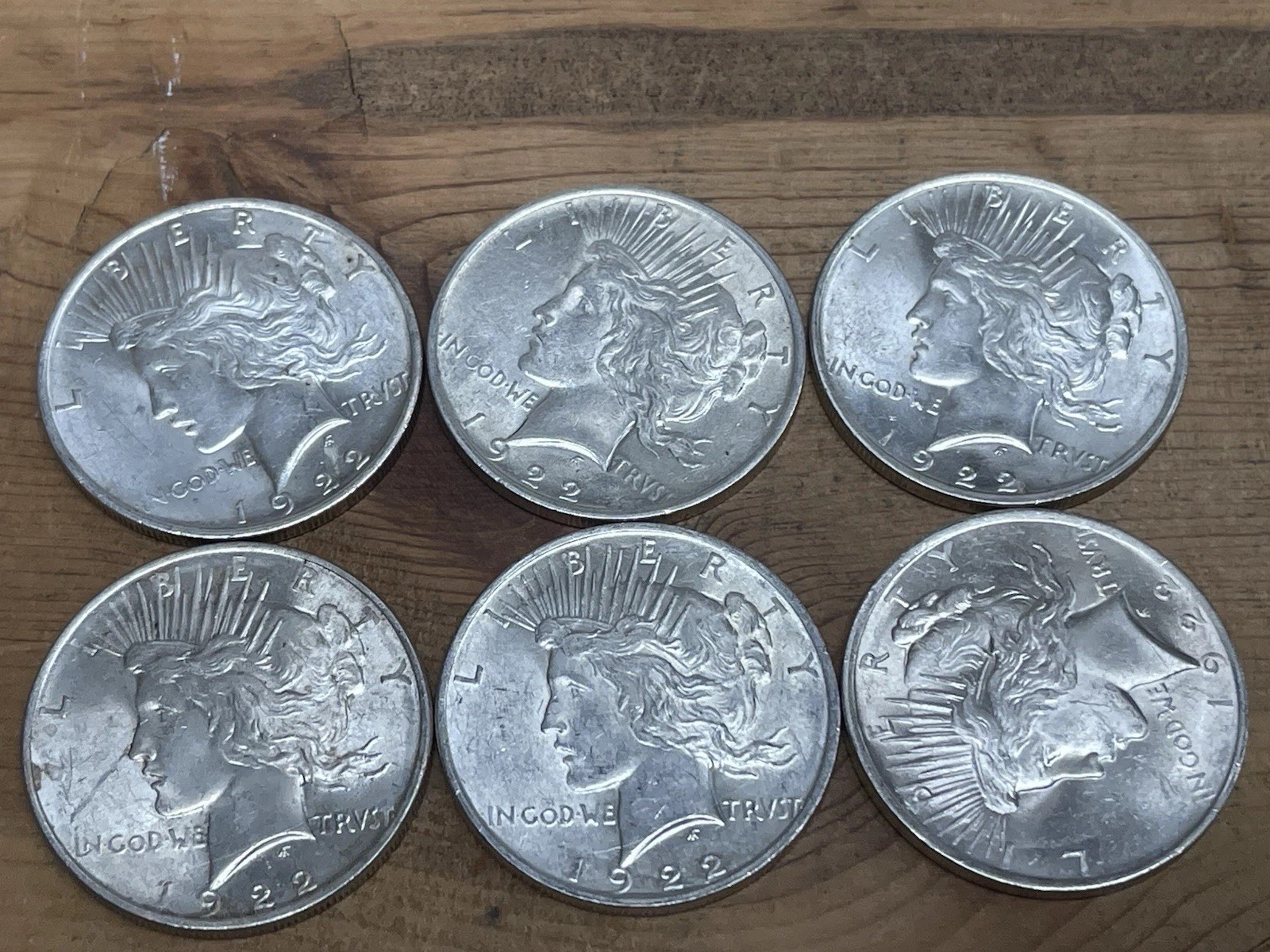 Lot Of Six 1922 Philadelphia Peace Silver Dollars AU Or Better (lot2)