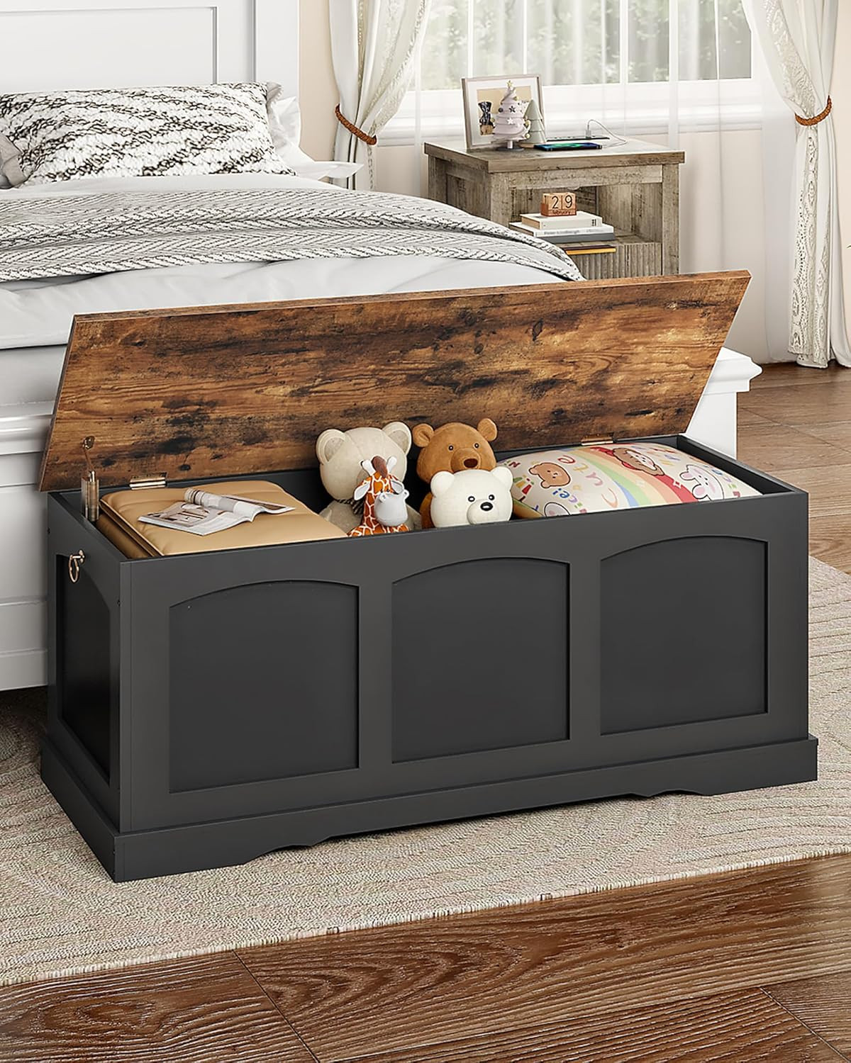 Stylish 39.4" Wooden Storage Chest Bench with Safety Hinge, Black & Rustic Brown