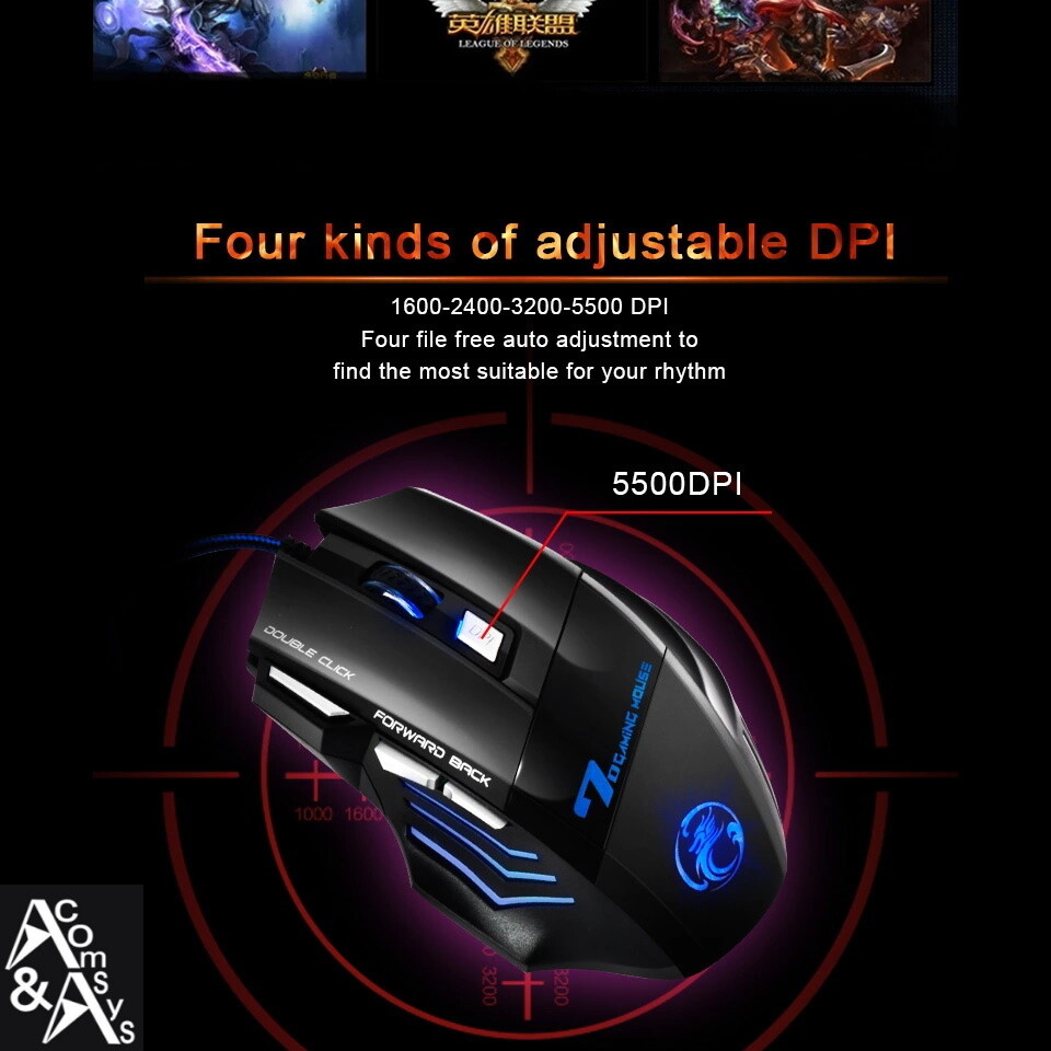 7 Button PC Gaming Mouse Illuminated Optical USB Gamer Mouse 2400DPI Computer #G