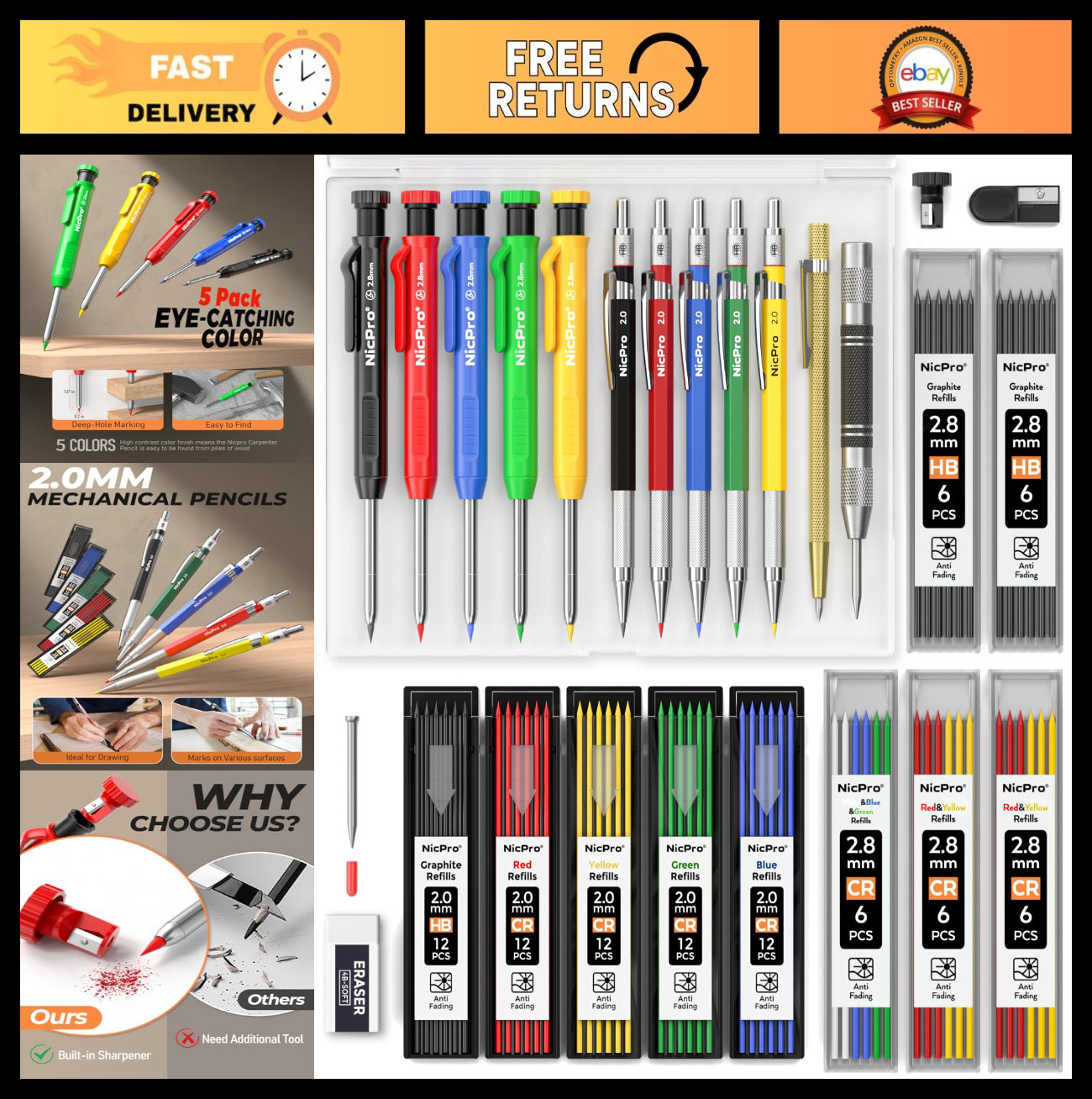 27 Pack Carpenter Pencils for Woodworking, Construction Tools, 100 Refills & Scr