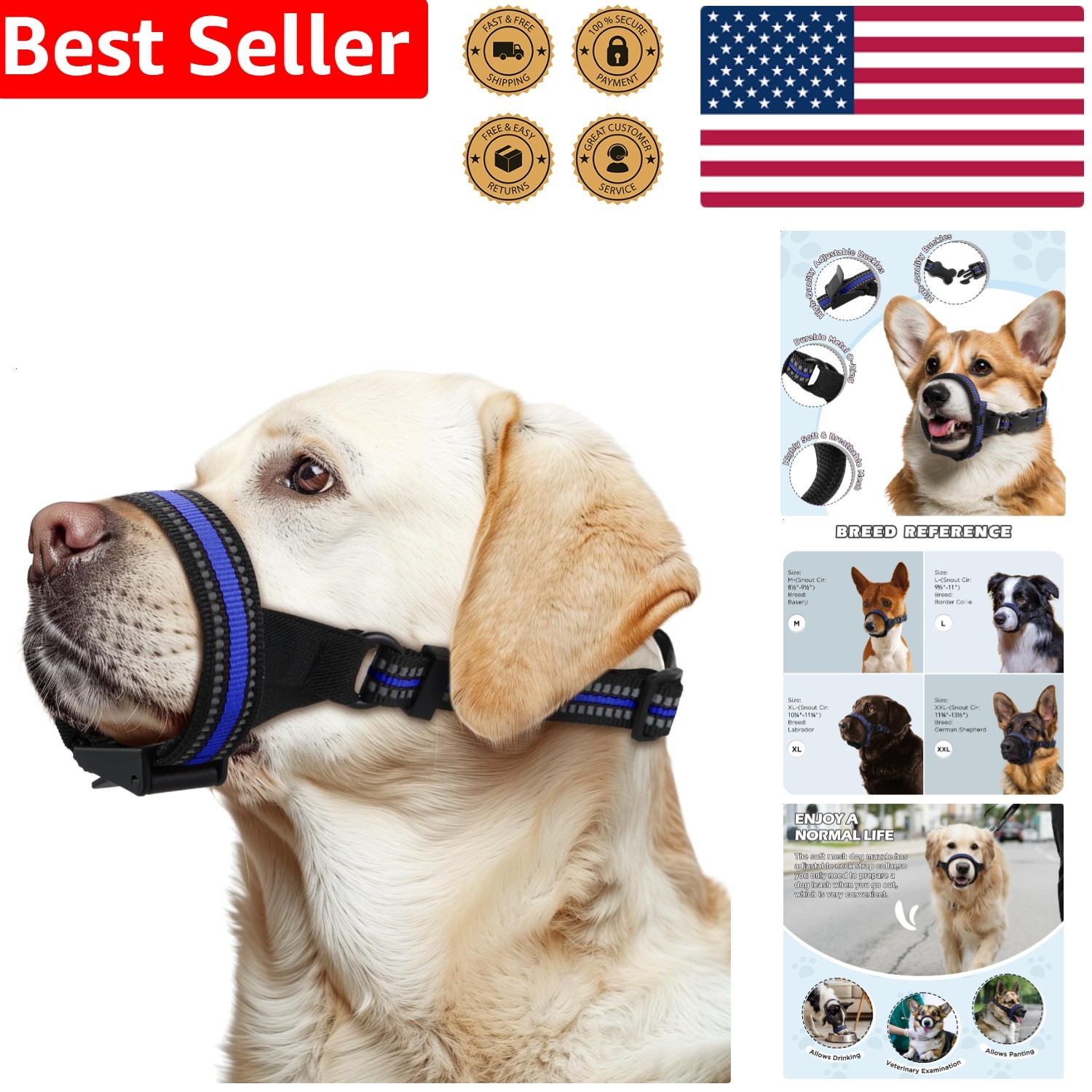 Soft Breathable Dog Muzzle for Medium Dogs, Secure Buckle, Vet Grooming Training