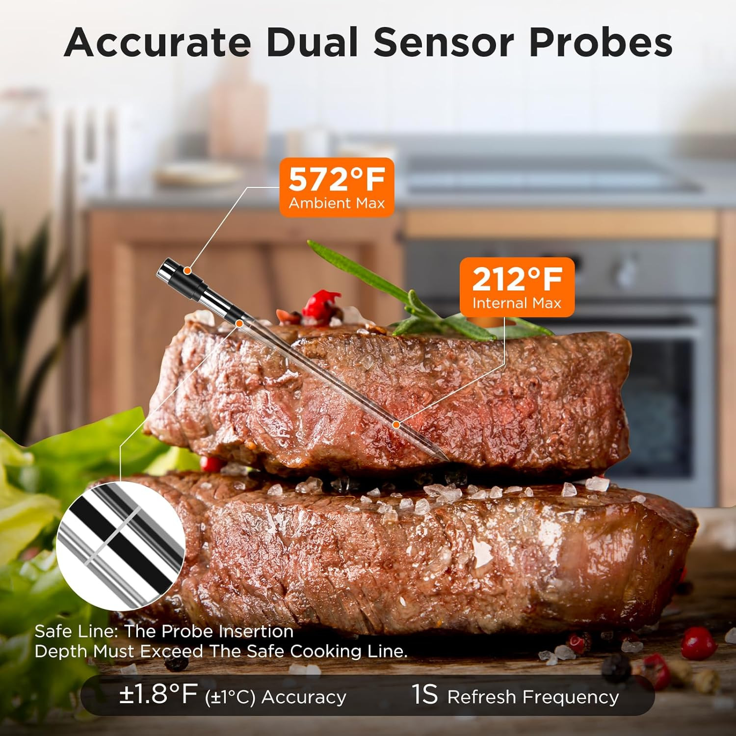 Bluetooth Meat Thermometer with Smart APP, 800FT Wireless Range & LCD Base, Rech