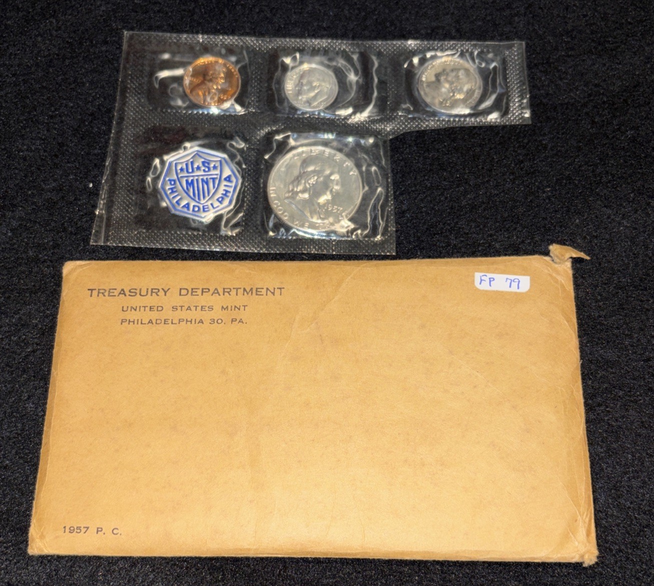 1957 P MINT SET MISSING QUARTER WITH ORIGINAL ENVELOPE STILL SEALED UNCIRCULATED