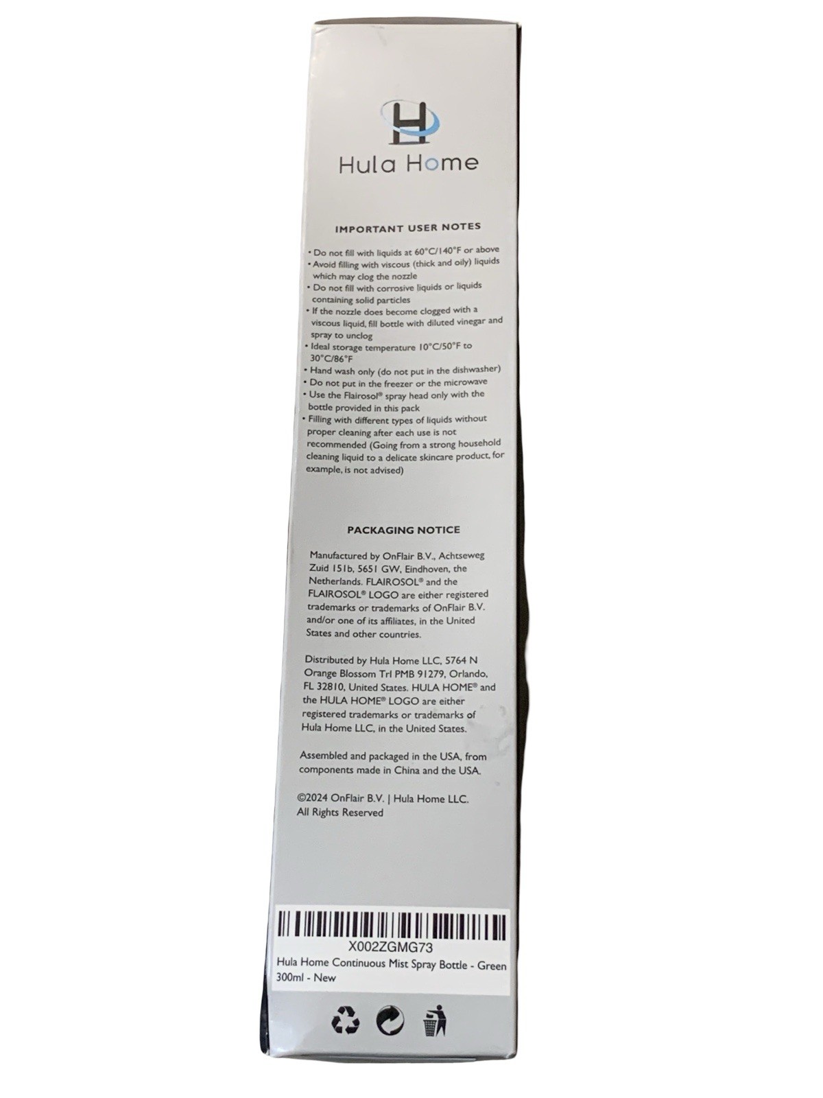 Hula Home Continuous Fine Mist Spray Bottle Black 10.1oz Refillable Empty NEW