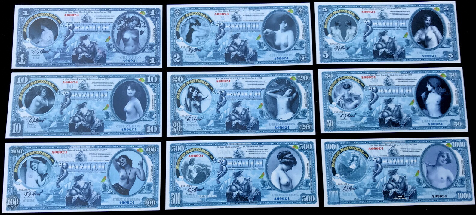 BRAZILCH 1-1000 CRUZEROS SET OF 9 PRIVATE ISSUE FANTASY ART NOTES LOVELY LADIES