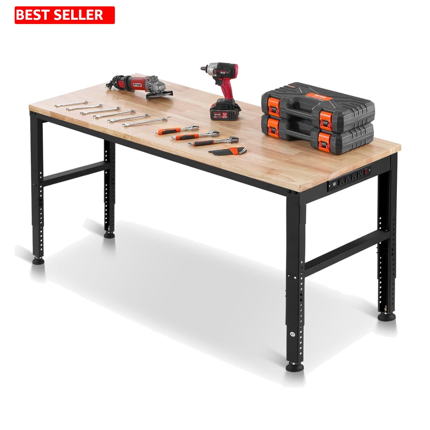 Robust Oak Wood Workbench - 2000 lbs Capacity with Adjustable Height Features