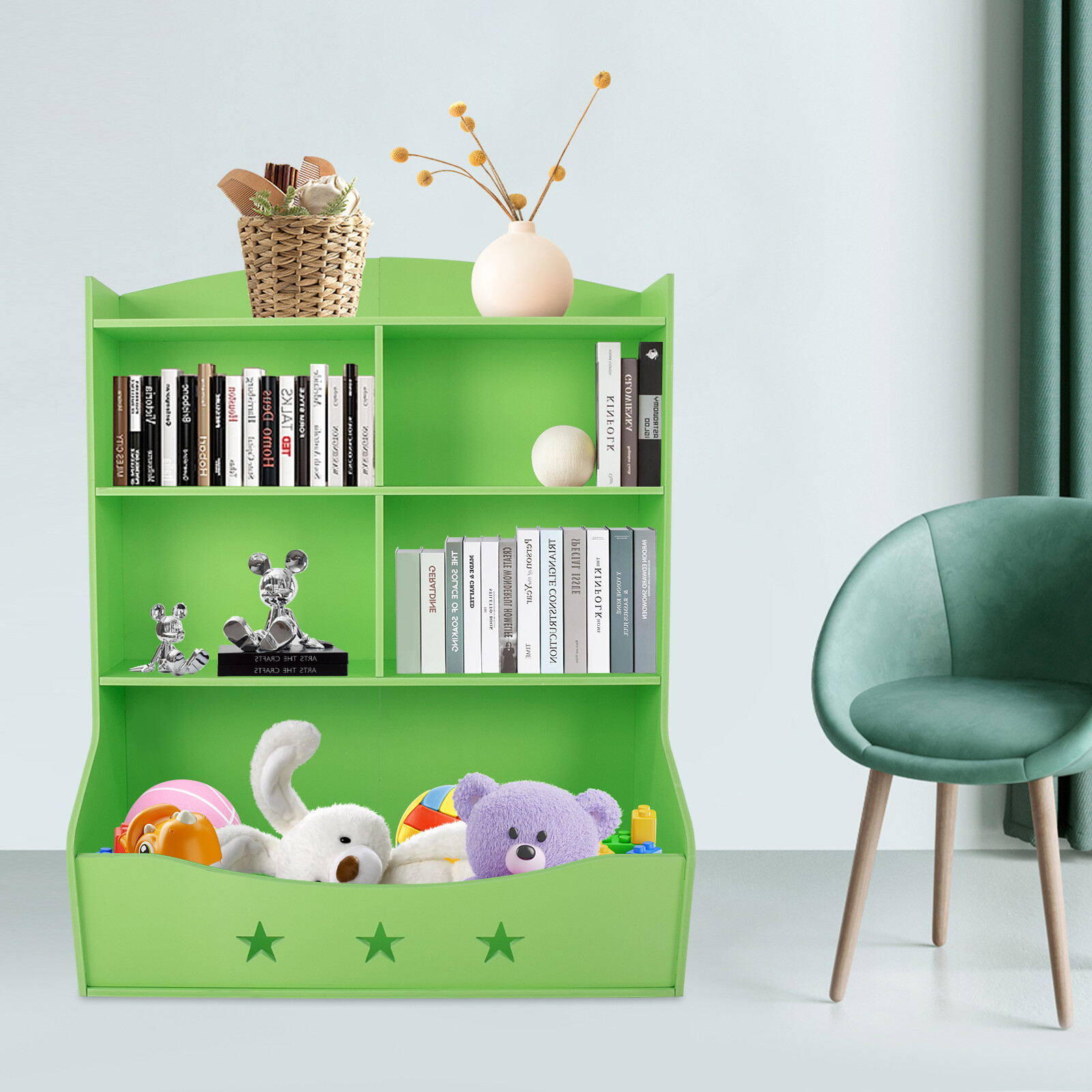 Kids Bin Toy Storage Box Bookcase Organizer Shelf Playroom Bookshelves Green