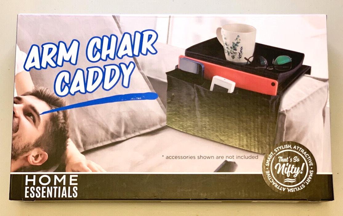 HOME ESSENTIALS Nifty ARM CHAIR CADDY with Top Tray & Side Pockets, Open Box