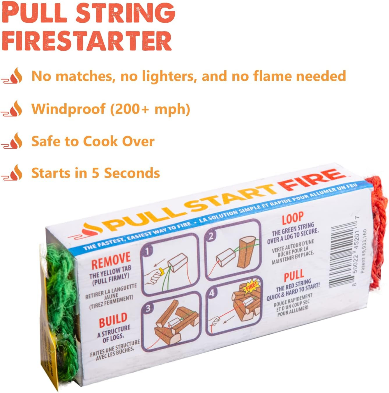 Pull Start Fire String Firestarter | No Matches Required, 3 Count, White