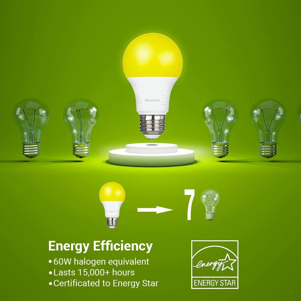 DEWENWILS LED Bug Light Bulbs Outdoor 4 Pack A19 Yellow Light Bulb 600LM E26