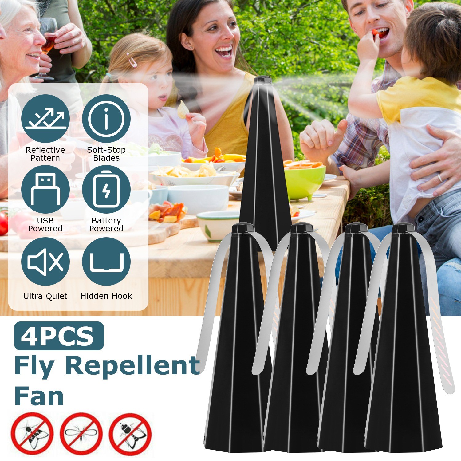 4Pcs Fly Repellent Fans Indoor Outdoor Picnic Table Fans Holographic Blades
