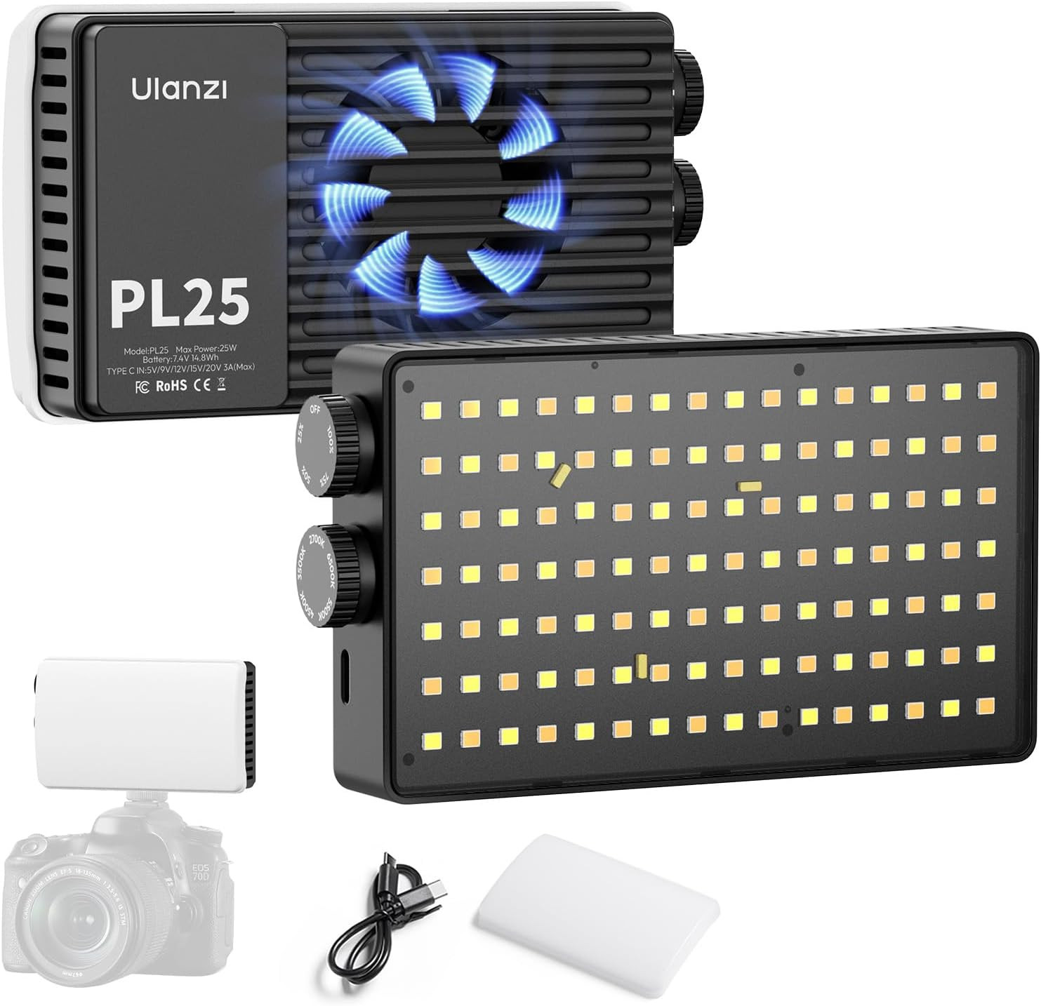 PL25 Video Light, 25W LED Camera Light Mini Panel Bi-Color for DSLR Photography,