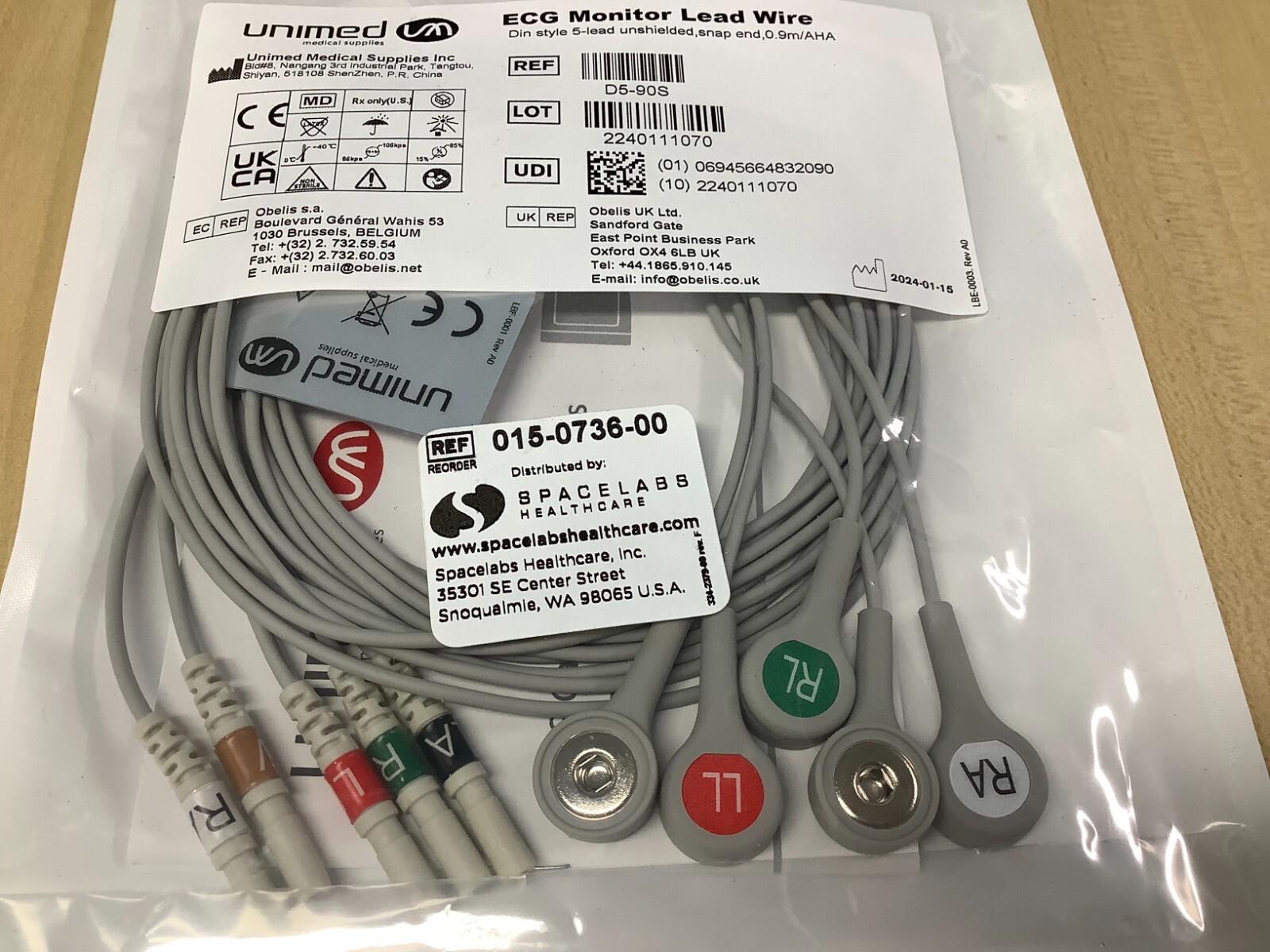 015-0736-00 Spacelabs Healthcare ECG LW/DIN/5-LEAD/SNAP/0.9M/AHA