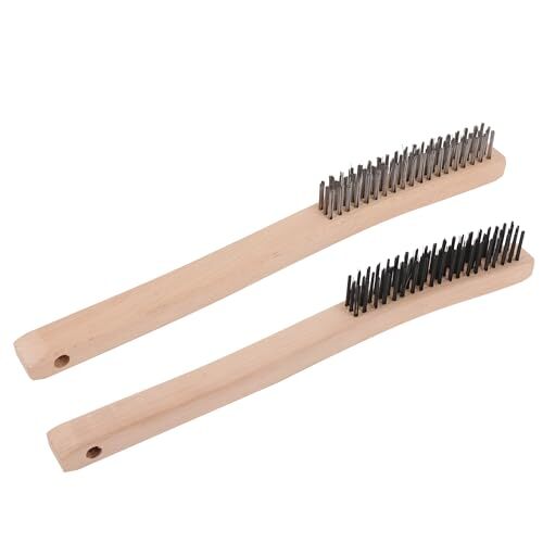 2 Pieces Carbon Steel and Stainless Steel Wire Brush w/ 14" Curved Wood Handle