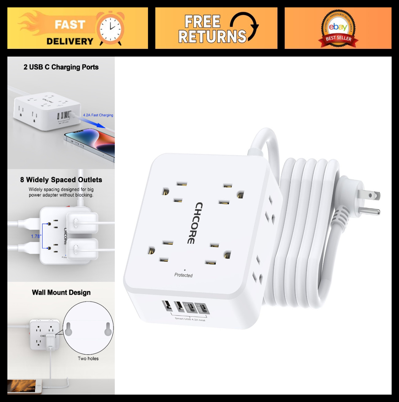 10Ft Power Strip Surge Protector - 8 Outlets, 4 USB Ports, Wall Mount, ETL Liste