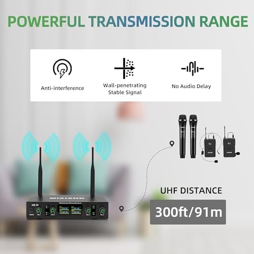 Lapel Wireless Microphone System with Headset & Lavalier Mics, 4 Channel UHF
