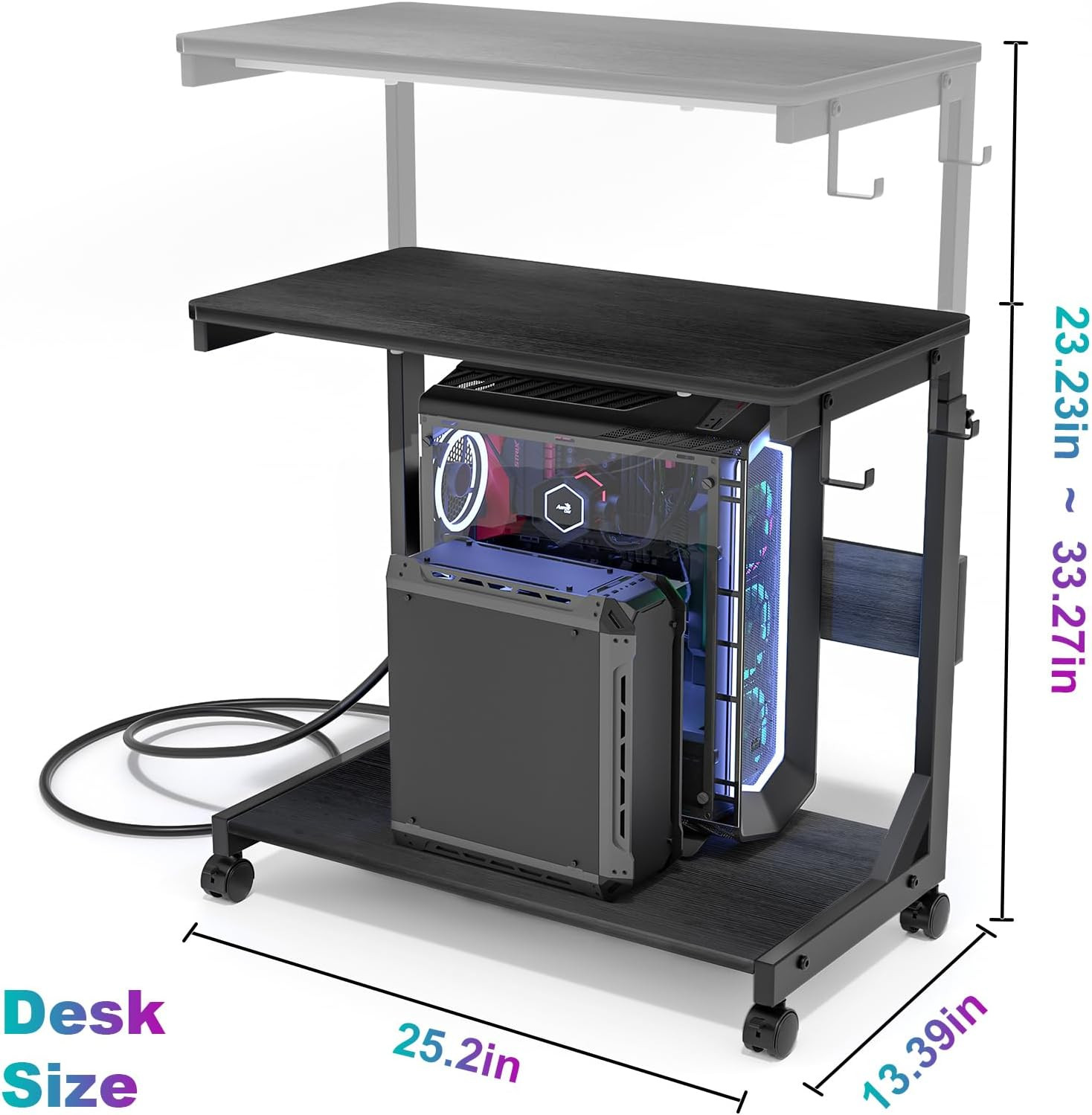 Height Adjustable PC Tower Stand with USB Charging & Locking Wheels