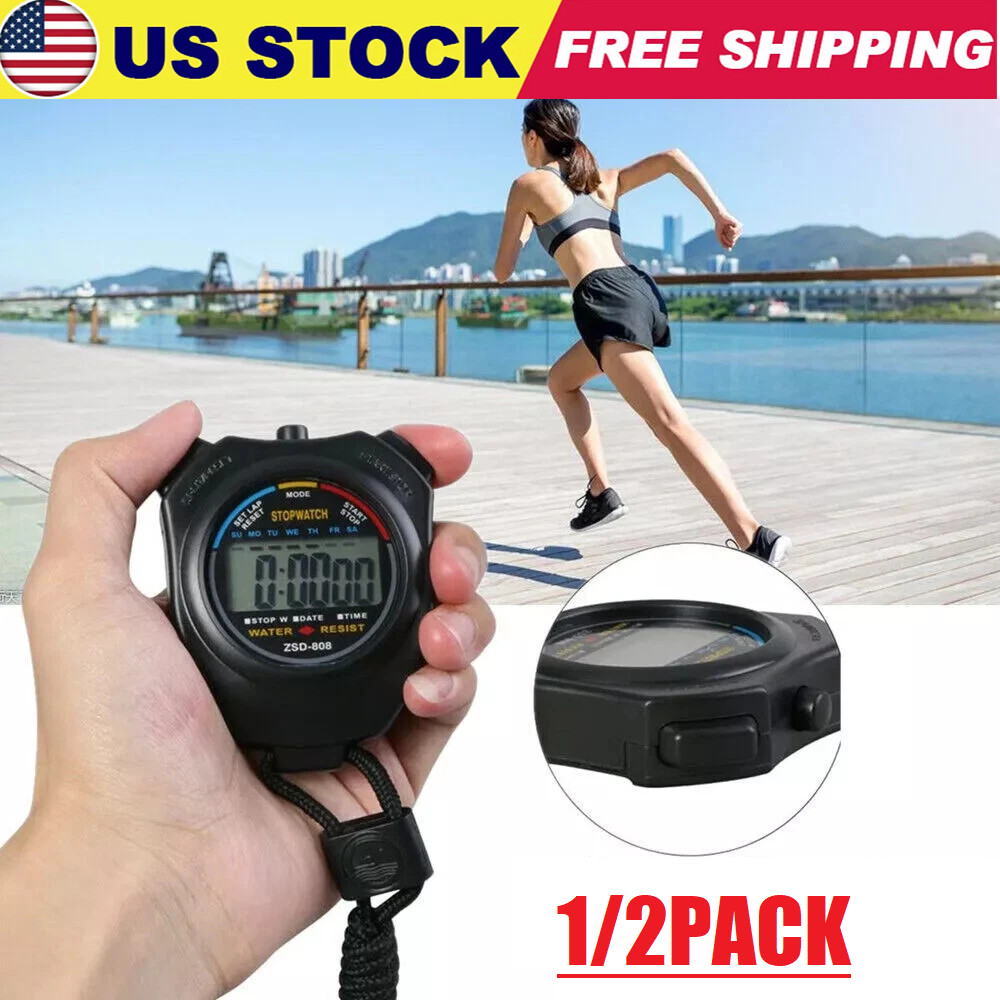 2Pcs Digital Stopwatch Sports Counter Chronograph Date Timer Odometer Watch USA