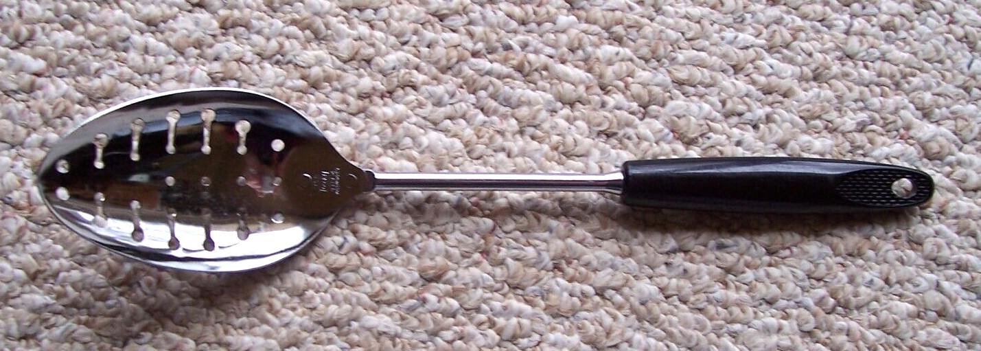 EKCO USA Chromium Plated Key Hole Slotted 12” Serving Spoon Black Handle