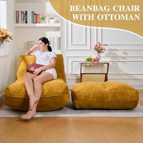 Bean Bag Chair with Ottoman, Comfy Bean Bag Sofa with Memory Foam, Lazy Yellow