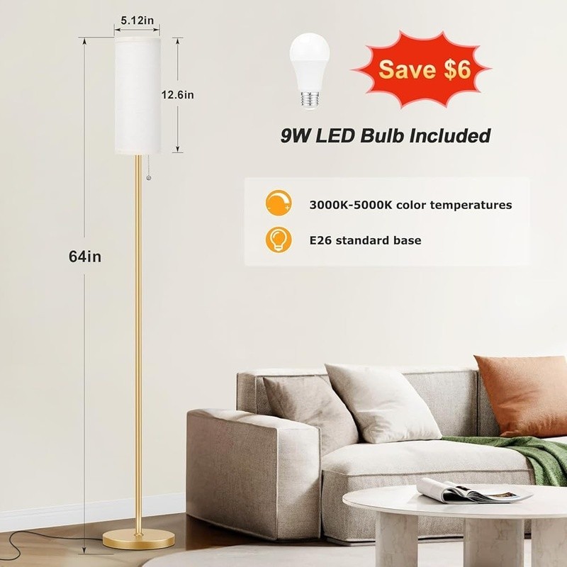 Modern Floor Lamp W/ LED Bulb Adjustable Color Temperature Pull Chain Switch New