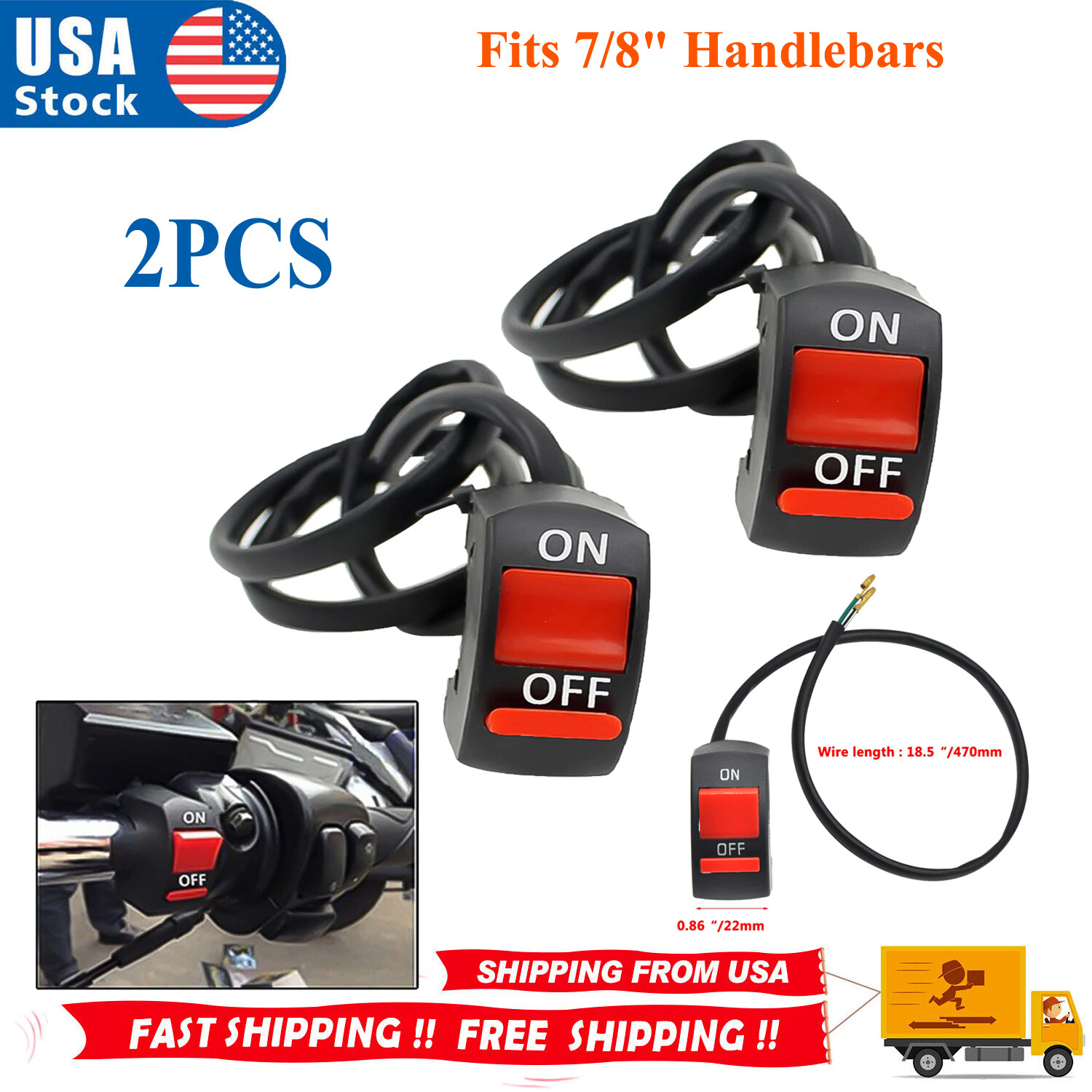 2pc Kill ON-OFF Latching Switch Scooter ATV Dirt Bike 7/8" Handlebar Switch Moto